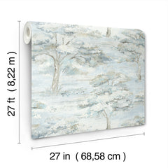 The Moreno Woodland Wallpaper by York Wallcoverings is shown, featuring a blue and gray scenic tree pattern. Each roll measures 27 feet (8.22 meters) in length and 27 inches (68.58 cm) in width.