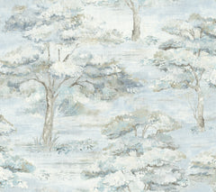 Introducing the Moreno Woodland Wallpaper by York Wallcoverings, featuring a watercolor-inspired design of delicate trees in soothing blue, gray, and green hues. This wallpaper creates a calming and serene landscape with softly faded tones and textured painterly details for a dreamy effect.
