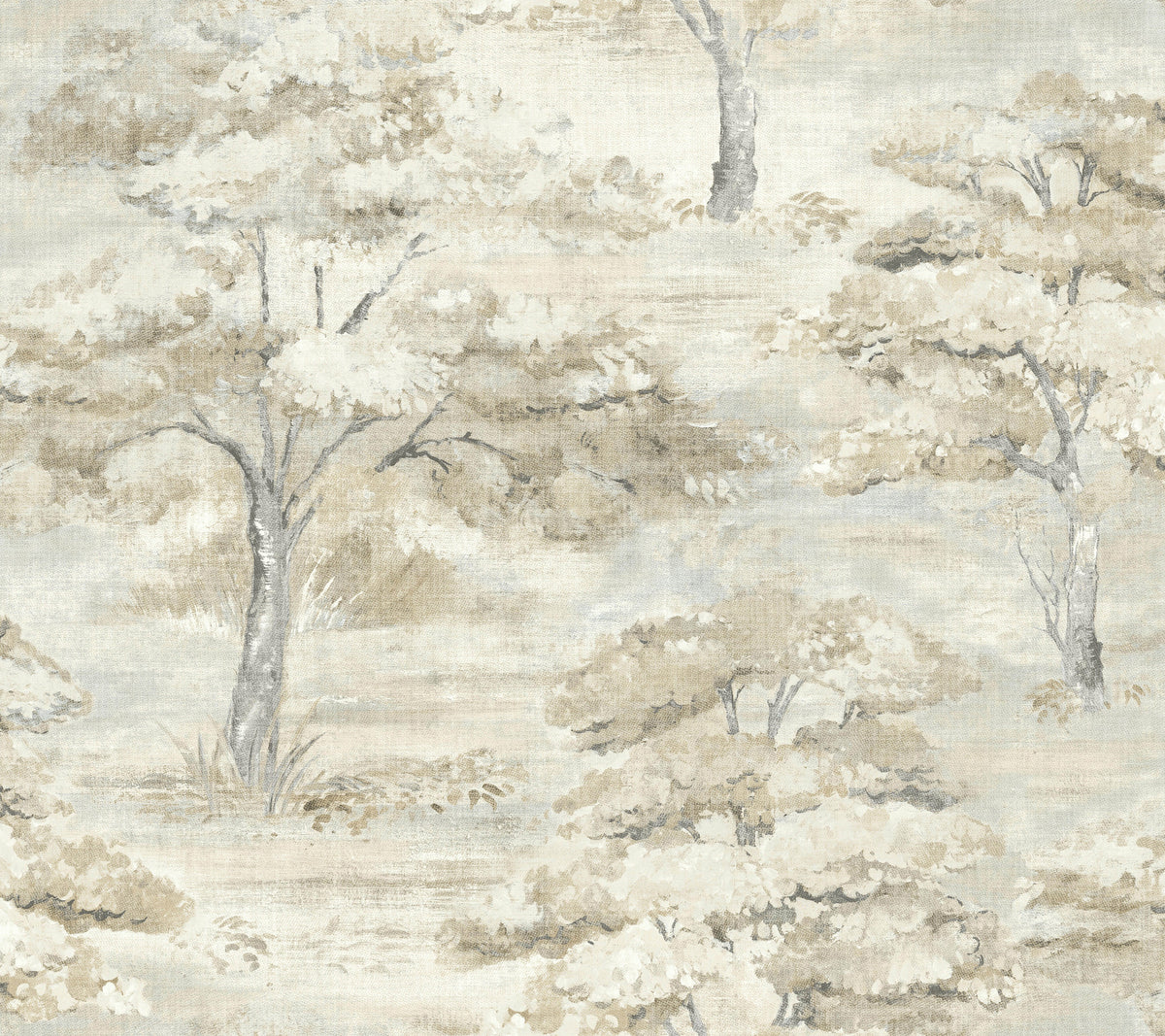 The Moreno Woodland Wallpaper by York Wallcoverings features an artistic pattern of light beige and gray trees with textured, brushstroke foliage on a soft, muted background, evoking a serene, natural landscape.