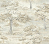 The Moreno Woodland Wallpaper by York Wallcoverings features a beige and gray palette with a watercolor-style landscape of trees and foliage, lending a soft, serene, and vintage look to your space.