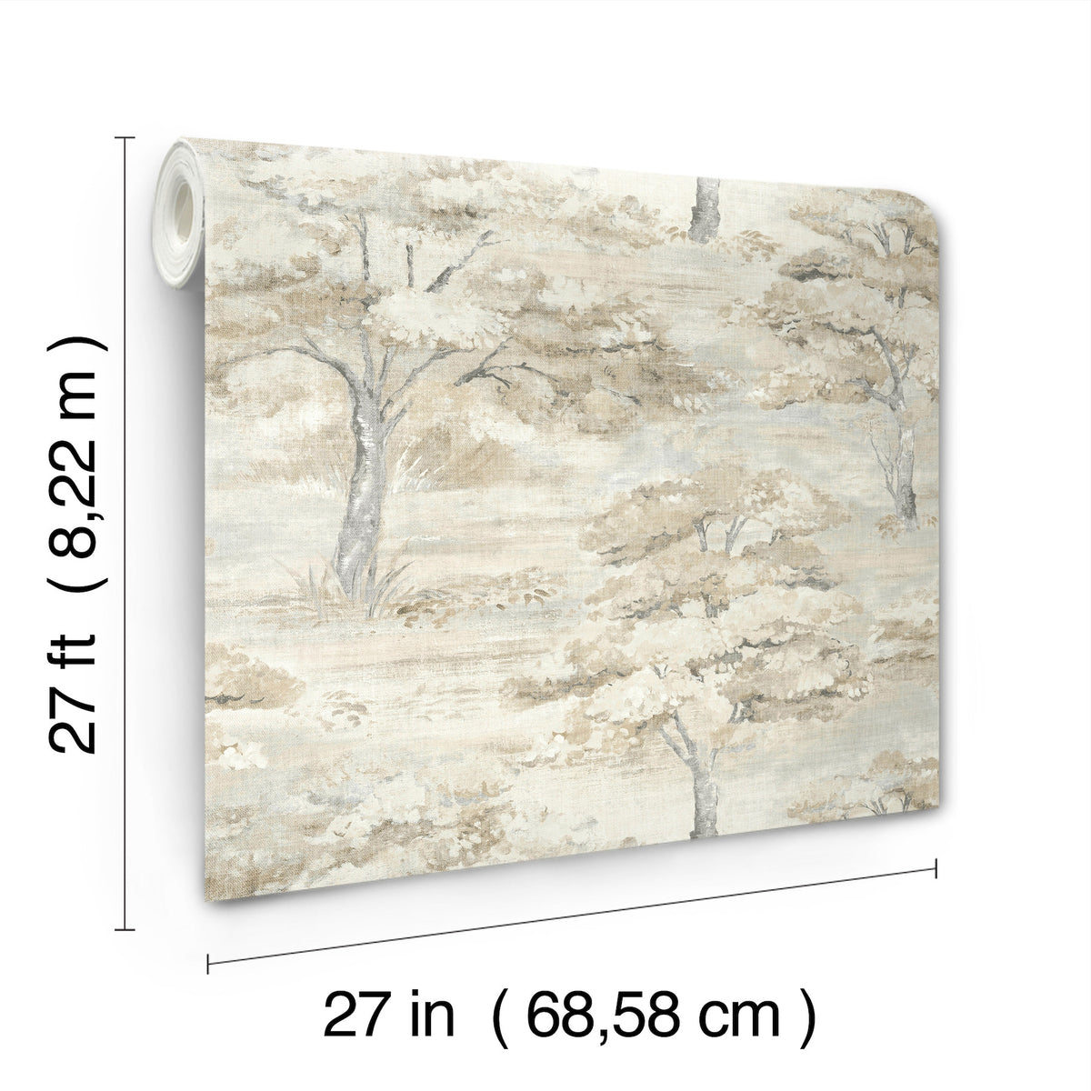 The Moreno Woodland Wallpaper by York Wallcoverings features a beige and gray tree landscape pattern and comes in a roll measuring 27 feet (8.22 m) long and 27 inches (68.58 cm) wide.