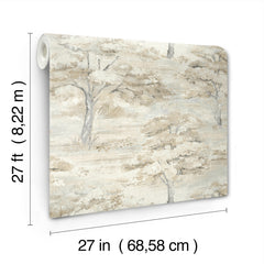 The Moreno Woodland Wallpaper by York Wallcoverings features a beige and gray tree landscape pattern and comes in a roll measuring 27 feet (8.22 m) long and 27 inches (68.58 cm) wide.