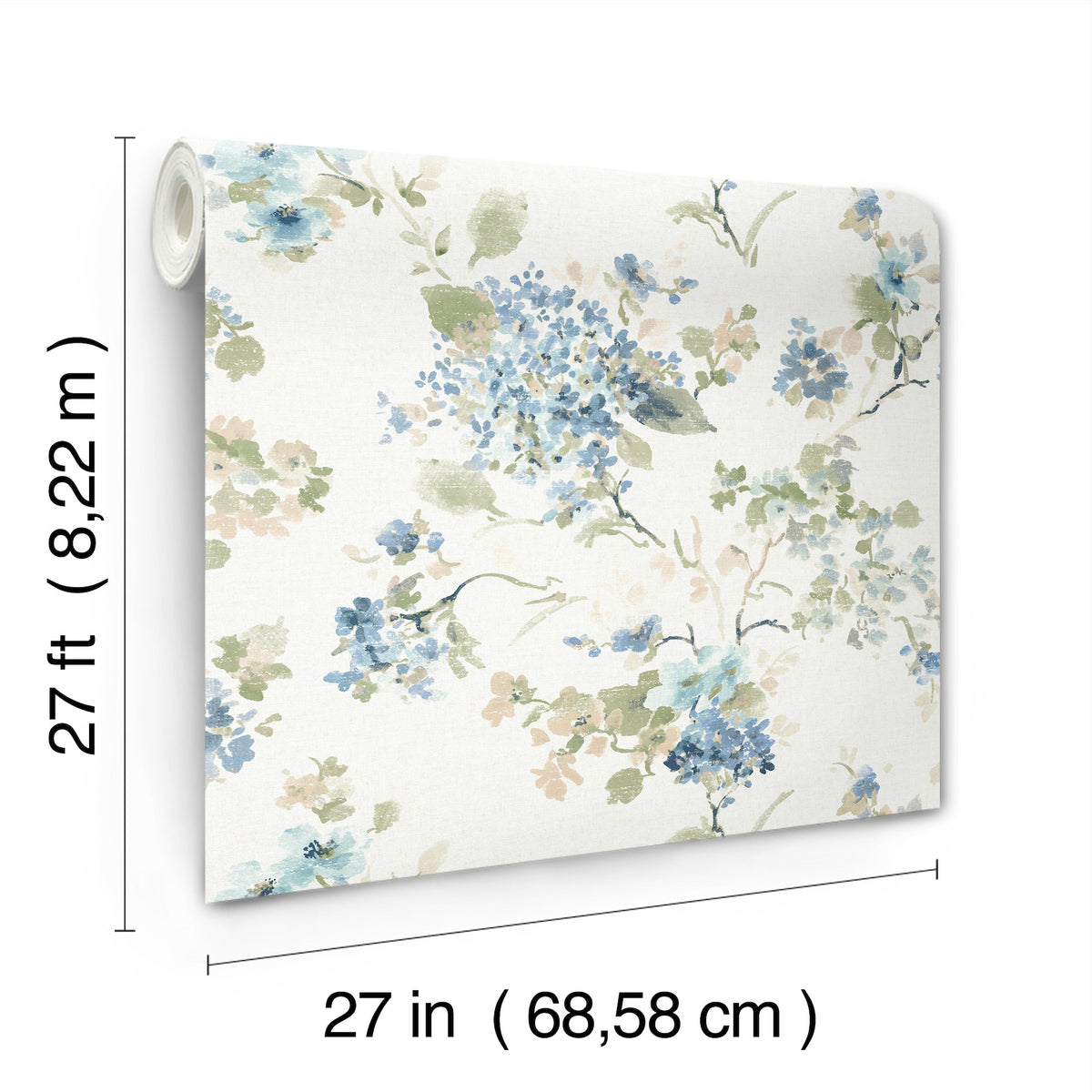 A roll of Veiled Garden Floral Wallpaper by York Wallcoverings, featuring blue and green watercolor flowers. The wallpaper measures 27 feet (8.22 meters) in length and 27 inches (68.58 cm) in width, as shown with text and measurement lines.