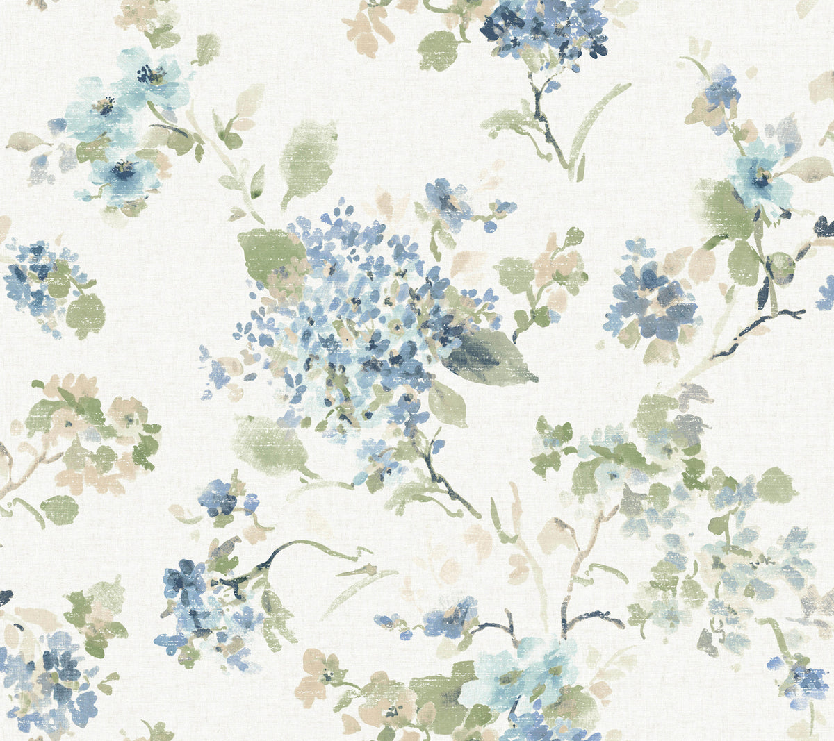York Wallcoverings’ Veiled Garden Floral Wallpaper features a watercolor-style pattern with blue, green, and beige florals and leafy accents scattered across a light background, creating a soft, delicate, and vintage-inspired look.