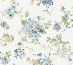 York Wallcoverings’ Veiled Garden Floral Wallpaper features a watercolor-style pattern with blue, green, and beige florals and leafy accents scattered across a light background, creating a soft, delicate, and vintage-inspired look.
