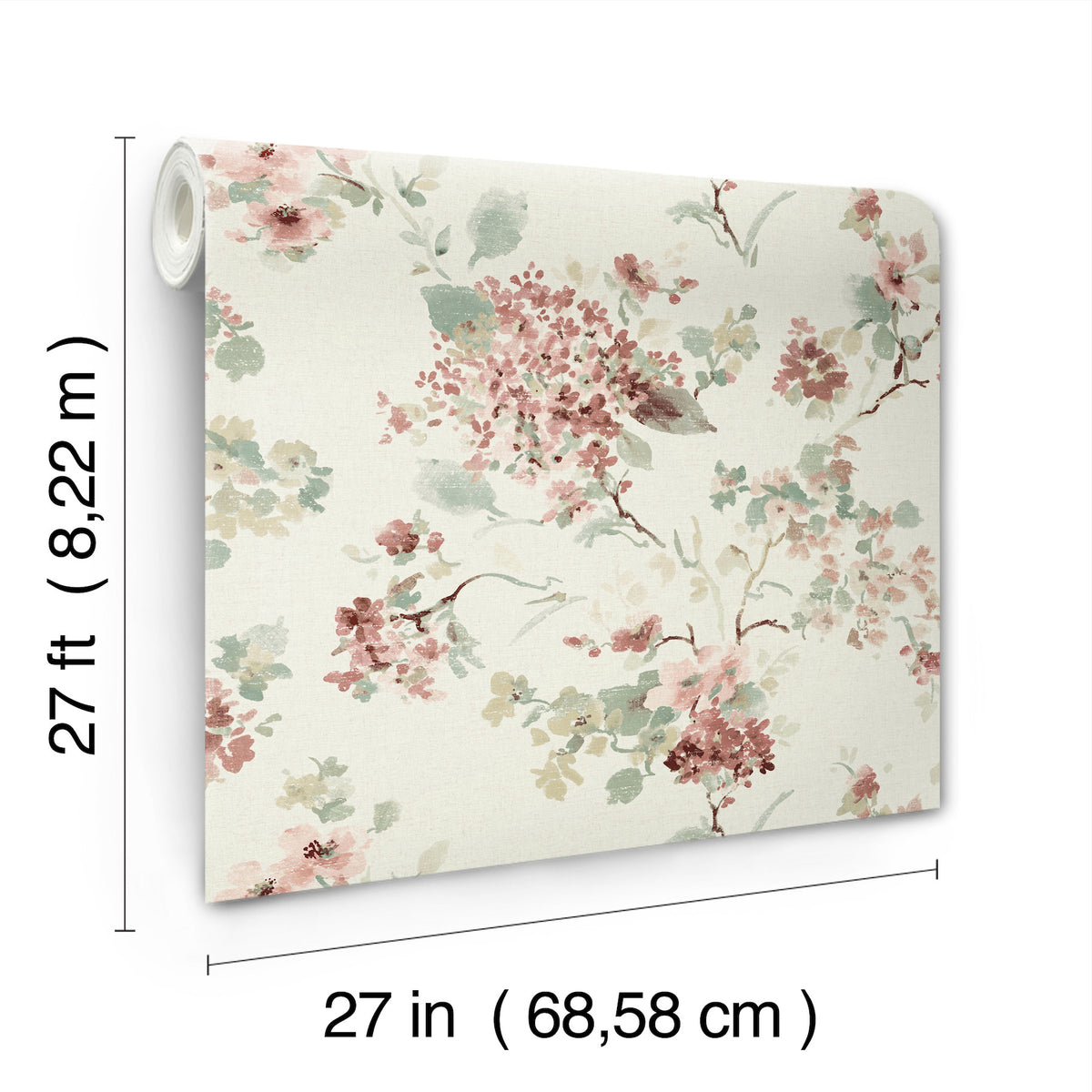 The Veiled Garden Floral Wallpaper by York Wallcoverings features a floral pattern with pink, green, and beige flowers. Each roll measures 27 feet (8.22 m) in length and 27 inches (68.58 cm) in width.