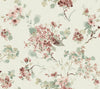 Veiled Garden Floral Wallpaper by York Wallcoverings showcases a seamless watercolor-style pattern of delicate flowers and leafy branches in shades of pink, burgundy, and green against a light beige background, creating a soft, vintage, and elegant look.