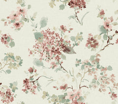 Veiled Garden Floral Wallpaper by York Wallcoverings showcases a seamless watercolor-style pattern of delicate flowers and leafy branches in shades of pink, burgundy, and green against a light beige background, creating a soft, vintage, and elegant look.