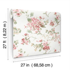 Veiled Garden Floral Wallpaper by York Wallcoverings features a roll adorned with pink and green flowers. The dimensions are 27 feet (8.22 meters) in length and 27 inches (68.58 centimeters) in width.