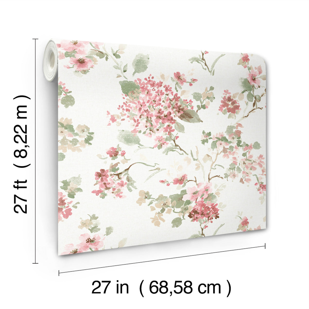 The Veiled Garden Floral Wallpaper by York Wallcoverings features pink and green blossoms and comes in a roll measuring 27 feet (8.22 meters) long and 27 inches (68.58 centimeters) wide.
