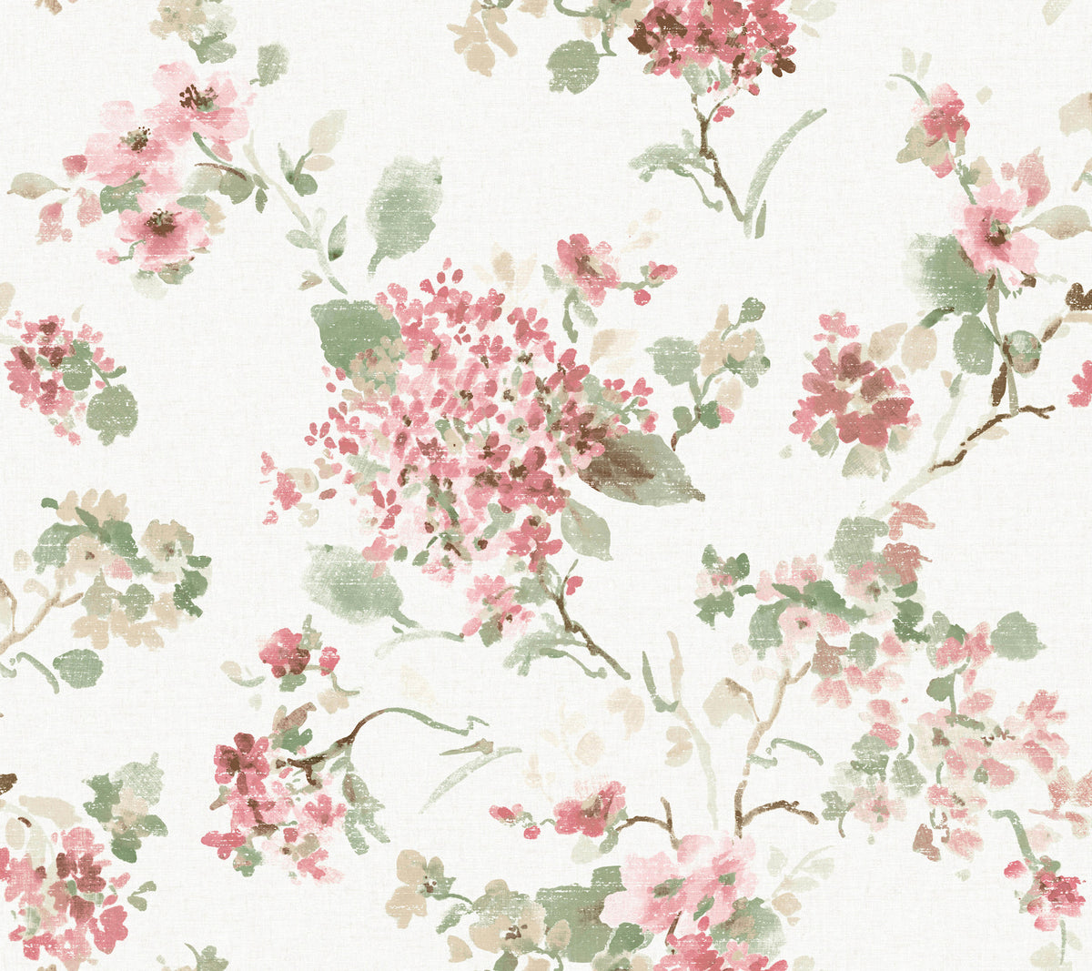 Veiled Garden Floral Wallpaper by York Wallcoverings features a watercolor-style floral pattern with pink, green, and beige flowers and leaves scattered across a white background.