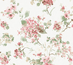 Veiled Garden Floral Wallpaper by York Wallcoverings features a watercolor-style floral pattern with pink, green, and beige flowers and leaves scattered across a white background.