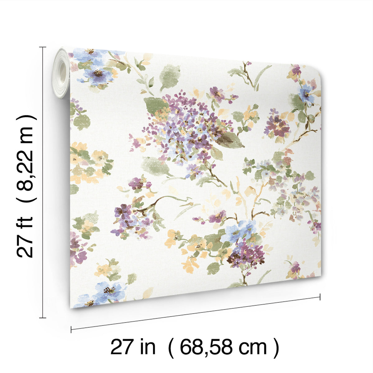 Here’s a rewritten version of the sentence using your product data: A roll of Veiled Garden Floral Wallpaper by York Wallcoverings, featuring a purple, blue, and yellow floral design. Each roll measures 27 feet (8.22 m) in length and 27 inches (68.58 cm) in width.