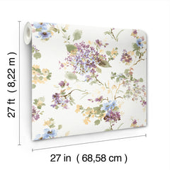 Here’s a rewritten version of the sentence using your product data: A roll of Veiled Garden Floral Wallpaper by York Wallcoverings, featuring a purple, blue, and yellow floral design. Each roll measures 27 feet (8.22 m) in length and 27 inches (68.58 cm) in width.