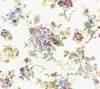 The Veiled Garden Floral Wallpaper by York Wallcoverings features a watercolor-style pattern with purple, blue, and yellow flowers and green leaves scattered on a light cream background.