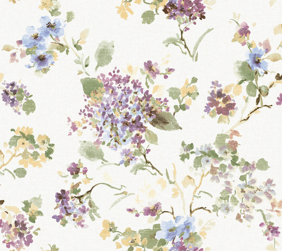 The Veiled Garden Floral Wallpaper by York Wallcoverings features a watercolor-style pattern with purple, blue, and yellow flowers and green leaves scattered on a light cream background.