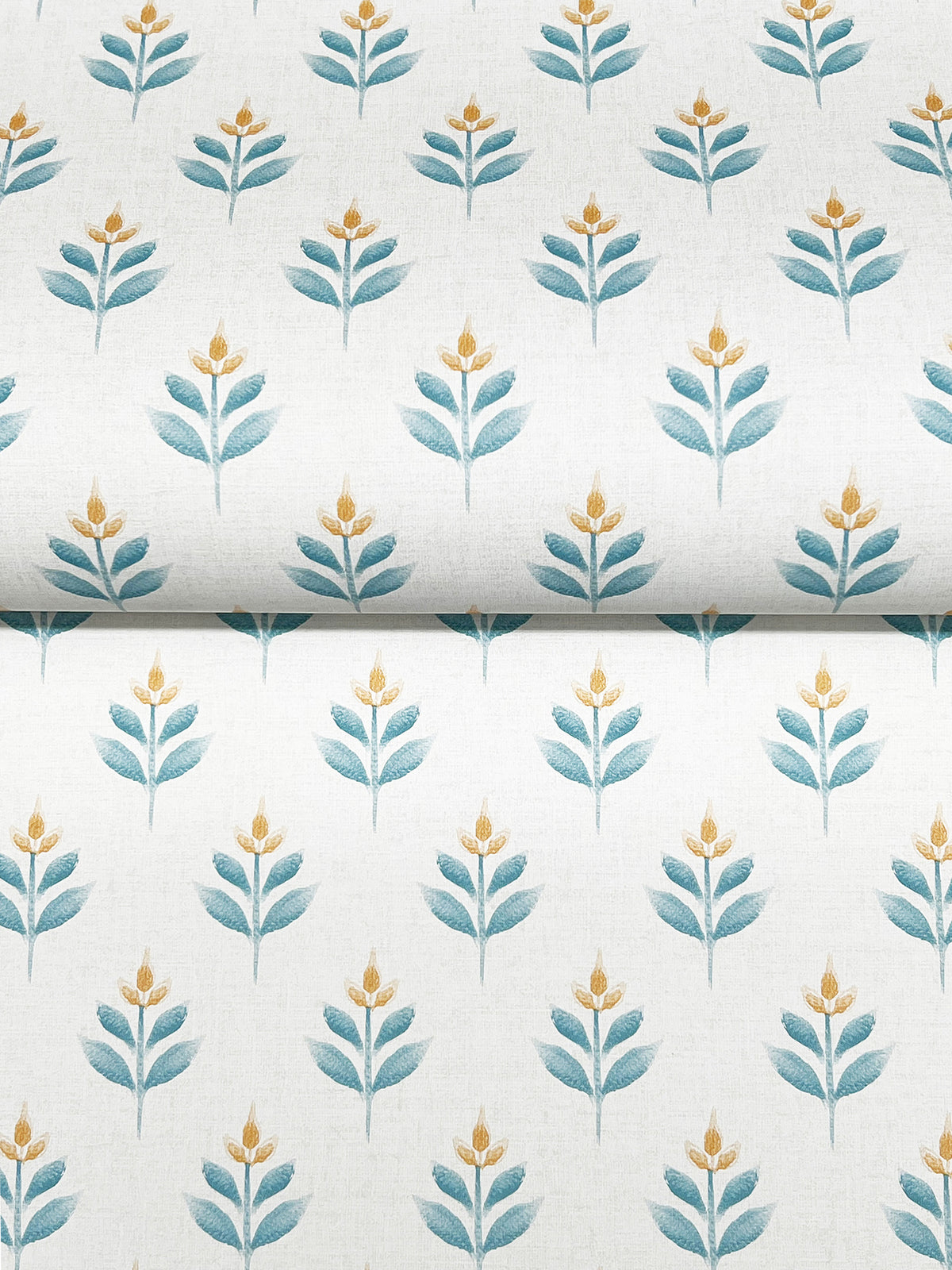 Serene Villa Floral Stamp Wallpaper by York Wallcoverings features a repeating pattern of stylized blue-green leaves and yellow flowers on a crisp white background.