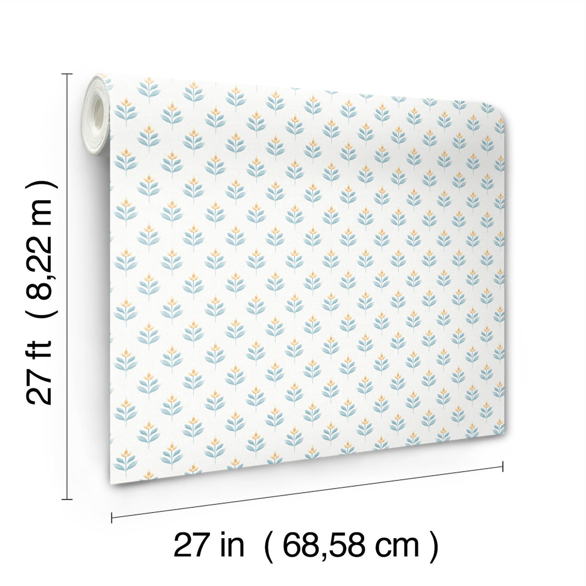 The Serene Villa Floral Stamp Wallpaper by York Wallcoverings is shown, featuring a blue and yellow floral pattern. Each roll measures 27 feet by 27 inches (8.22 meters by 68.58 centimeters).