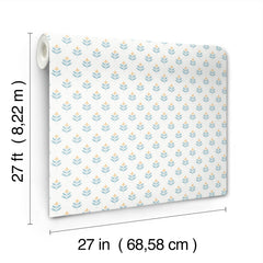 The Serene Villa Floral Stamp Wallpaper by York Wallcoverings is shown, featuring a blue and yellow floral pattern. Each roll measures 27 feet by 27 inches (8.22 meters by 68.58 centimeters).