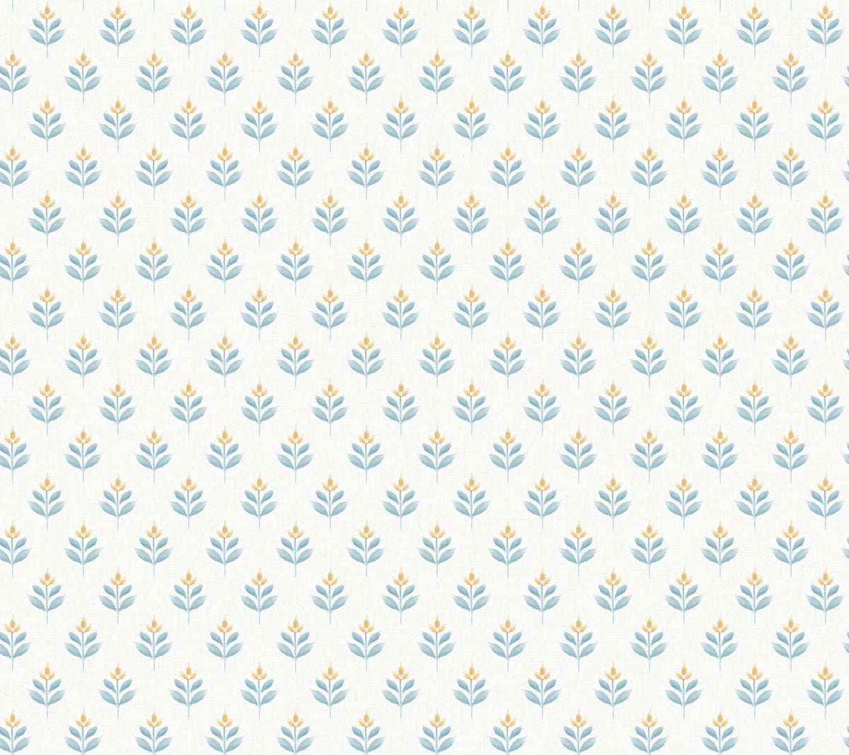The Serene Villa Floral Stamp Wallpaper by York Wallcoverings features a soft, vintage-inspired design with small light blue and beige floral sprigs repeating diagonally across a light gray background, creating a delicate and seamless pattern.