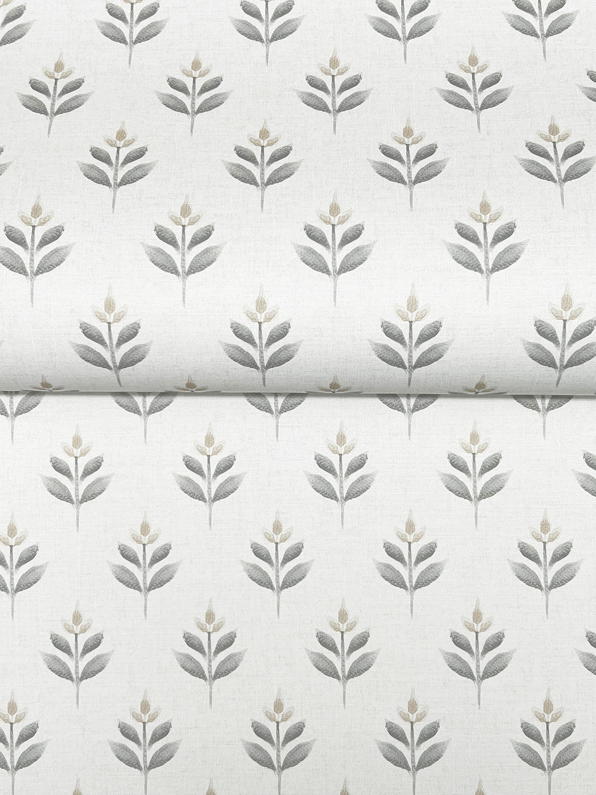 Serene Villa Floral Stamp Wallpaper by York Wallcoverings features a neutral-toned design with simple gray and beige stylized flowers and leaves, arranged in neat vertical rows on a light background.