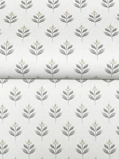 Serene Villa Floral Stamp Wallpaper by York Wallcoverings features a neutral-toned design with simple gray and beige stylized flowers and leaves, arranged in neat vertical rows on a light background.