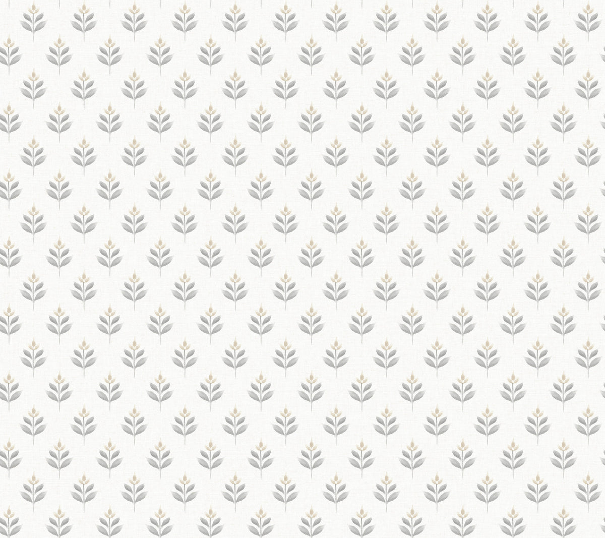 Introducing Serene Villa Floral Stamp Wallpaper by York Wallcoverings: featuring a seamless pattern of small, minimalist gray leafy branches arranged in tidy, repeating rows against a soft off-white background.