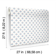 The York Wallcoverings Serene Villa Floral Stamp Wallpaper features a blue and red floral pattern on a white background and comes in a roll measuring 27 feet long by 27 inches (68.58 cm) wide.