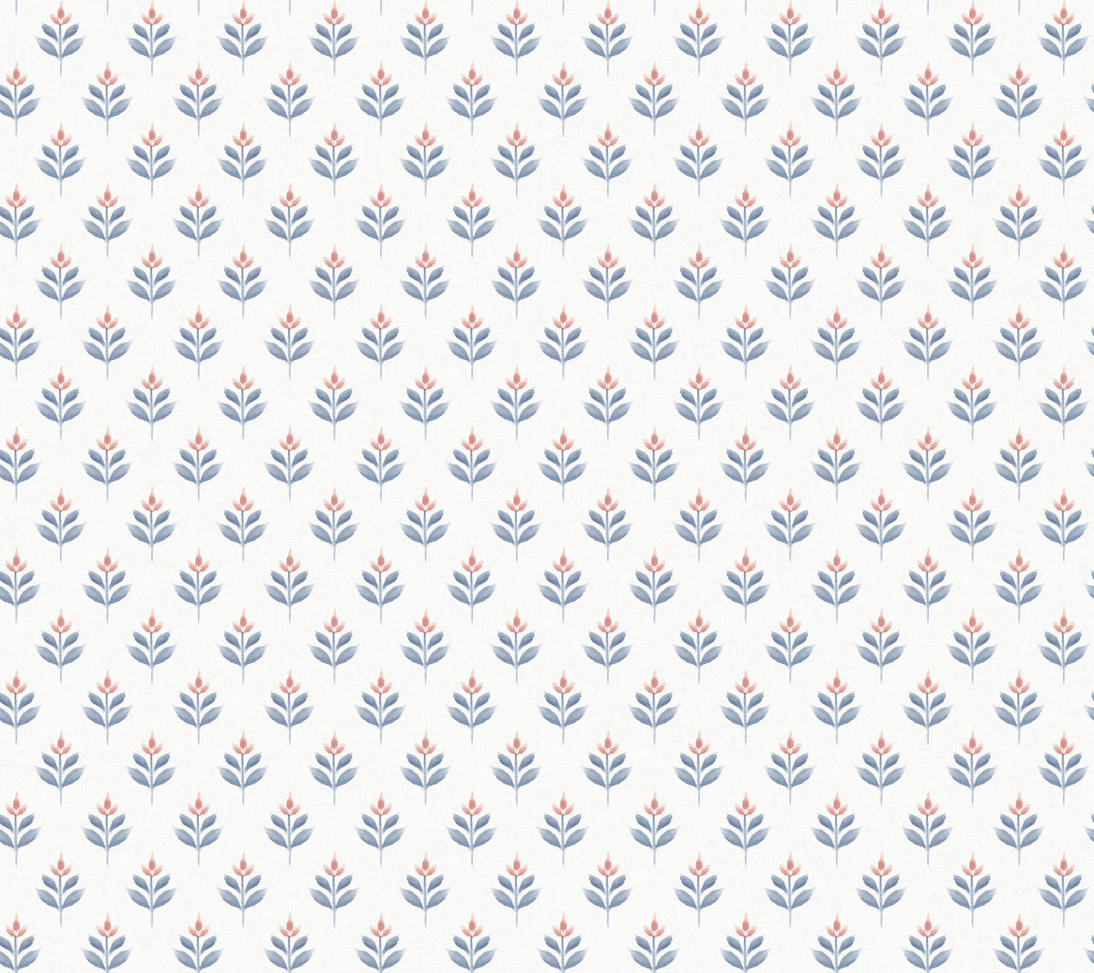 Introducing Serene Villa Floral Stamp Wallpaper by York Wallcoverings, featuring a seamless repeating pattern of small stylized blue and pink flowers with green stems on a light gray background. The flowers are arranged in evenly spaced diagonal rows, creating a uniform and orderly design.