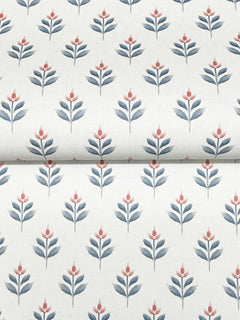 Serene Villa Floral Stamp Wallpaper by York Wallcoverings features a pattern of stylized flowers—each with blue leaves and a red-pink blossom—arranged in neat rows on a white background. The wallpaper is shown folded horizontally across the middle.