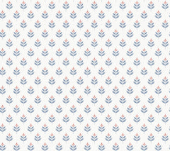 The Serene Villa Floral Stamp Wallpaper by York Wallcoverings features a simple and elegant decorative design of small, stylized blue and pink floral shapes arranged in evenly spaced diagonal rows across a crisp white background.