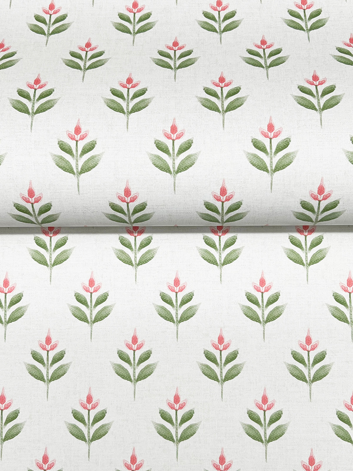 Serene Villa Floral Stamp Wallpaper by York Wallcoverings features a repeating pattern of stylized pink flowers with green leaves on a white background. The design is uniform and wallpaper-inspired, with each flower evenly spaced and vertically aligned.