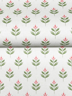 Serene Villa Floral Stamp Wallpaper by York Wallcoverings features a repeating pattern of stylized pink flowers with green leaves on a white background. The design is uniform and wallpaper-inspired, with each flower evenly spaced and vertically aligned.