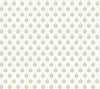 Serene Villa Floral Stamp Wallpaper by York Wallcoverings features a repeating pattern of small, simple pink oval flowers with green leaves, arranged in evenly spaced diagonal rows on a light beige background.
