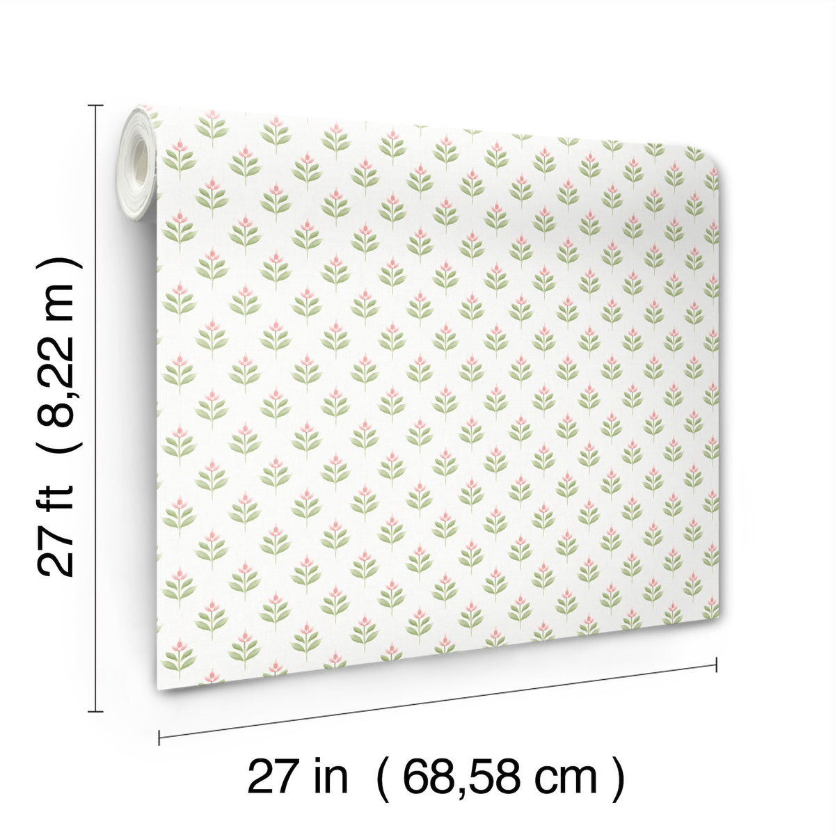 Serene Villa Floral Stamp Wallpaper by York Wallcoverings features a repeating pink and green floral pattern. Each roll measures 27 feet (8.22 m) in length and 27 inches (68.58 cm) in width.