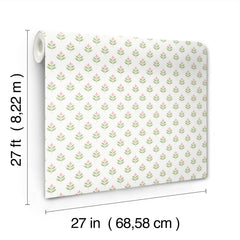 Serene Villa Floral Stamp Wallpaper by York Wallcoverings features a repeating pink and green floral pattern. Each roll measures 27 feet (8.22 m) in length and 27 inches (68.58 cm) in width.