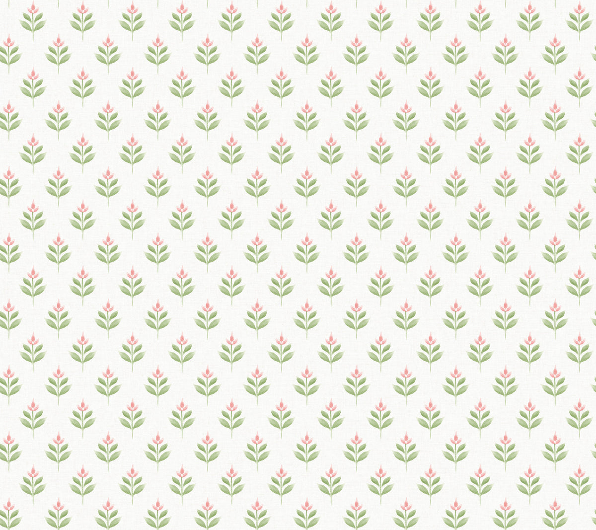 Serene Villa Floral Stamp Wallpaper by York Wallcoverings features a repeating pattern of small green and pink floral motifs on a light beige background, creating a simple, vintage-inspired look.