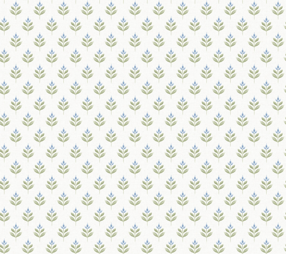 The Serene Villa Floral Stamp Wallpaper by York Wallcoverings features a repeating pattern of small, simple green and blue leafy branches, evenly spaced on an off-white background for a soft, minimalist, and vintage-inspired look.
