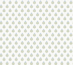 The Serene Villa Floral Stamp Wallpaper by York Wallcoverings features a repeating pattern of small, simple green and blue leafy branches, evenly spaced on an off-white background for a soft, minimalist, and vintage-inspired look.