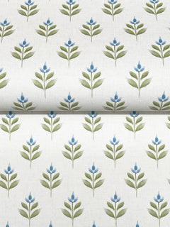 Serene Villa Floral Stamp Wallpaper by York Wallcoverings features an orderly, symmetrical pattern of stylized green stems and leaves, each topped with small blue flowers, all set against a clean white background for a fresh botanical look.