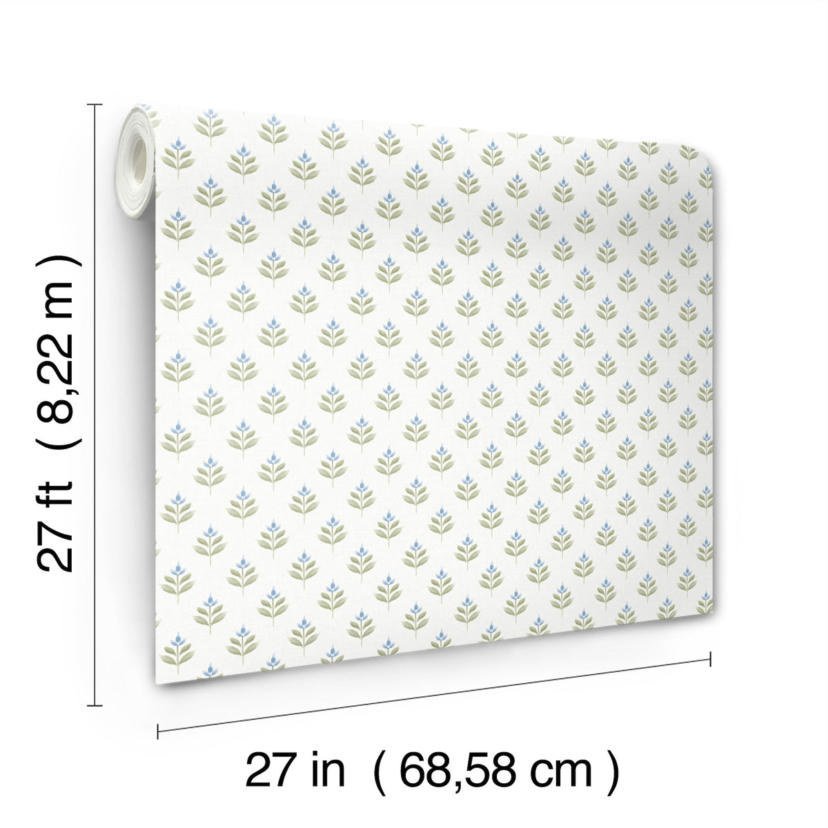 The Serene Villa Floral Stamp Wallpaper by York Wallcoverings, featuring a small blue and green leaf pattern, is shown against a white background. The roll measures 27 feet (8.22 m) in height and 27 inches (68.58 cm) in width.