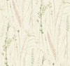 Meadow Splendor Botanical Wallpaper features a seamless pattern of delicate, hand-drawn wild grasses and plants in soft green, beige, and pink tones set against a textured cream background.