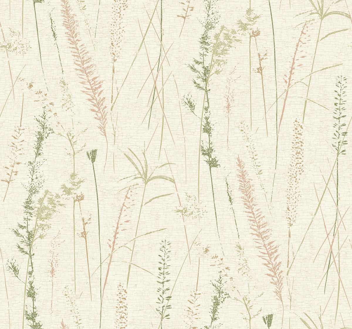 Meadow Splendor Botanical Wallpaper features a seamless pattern of delicate, hand-drawn wild grasses and plants in soft green, beige, and pink tones set against a textured cream background.