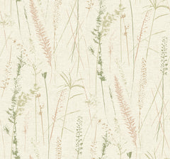 Meadow Splendor Botanical Wallpaper features a seamless pattern of delicate, hand-drawn wild grasses and plants in soft green, beige, and pink tones set against a textured cream background.
