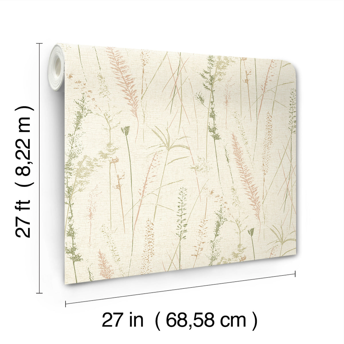 A roll of Meadow Splendor Botanical Wallpaper features a botanical pattern of light green and pink grasses and measures 27 feet long by 27 inches wide (8.22 m by 68.58 cm).