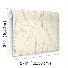 A roll of Meadow Splendor Botanical Wallpaper features a botanical pattern of light green and pink grasses and measures 27 feet long by 27 inches wide (8.22 m by 68.58 cm).