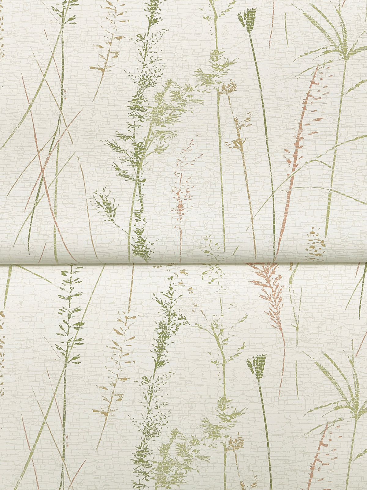 Meadow Splendor Botanical Wallpaper features delicate, vertical illustrations of grasses and wild plants in green and muted brown tones set against a pale, textured background.