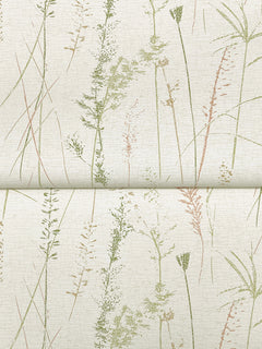 Meadow Splendor Botanical Wallpaper features delicate, vertical illustrations of grasses and wild plants in green and muted brown tones set against a pale, textured background.