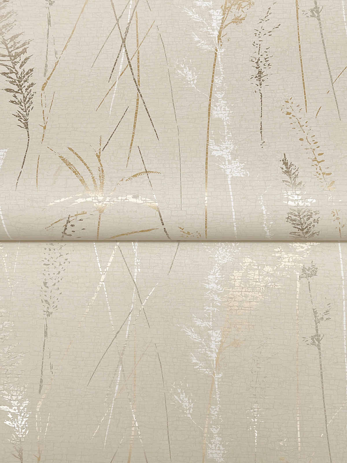 Meadow Splendor Botanical Wallpaper features a beige backdrop adorned with delicate grass-like lines and stems in gold, silver, and taupe tones—with a mix of metallic and matte finishes—for a softly textured and naturally elegant look.