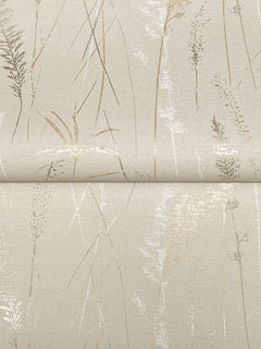 Meadow Splendor Botanical Wallpaper features a beige backdrop adorned with delicate grass-like lines and stems in gold, silver, and taupe tones—with a mix of metallic and matte finishes—for a softly textured and naturally elegant look.